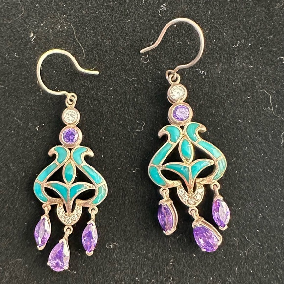 Simulated Turquoise and Amethyst Earrings - Picture 3 of 4